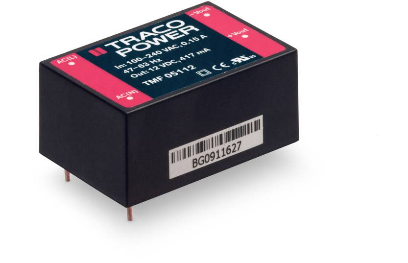 A small black electronic module with red and white markings; brand name 'TRACO POWER', technical specifications printed on it.