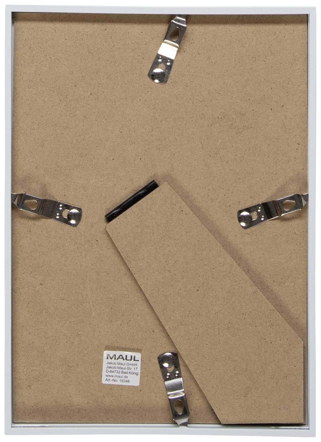 Back of a picture frame with sturdy clips and a fold-out stand, to assist with positioning.