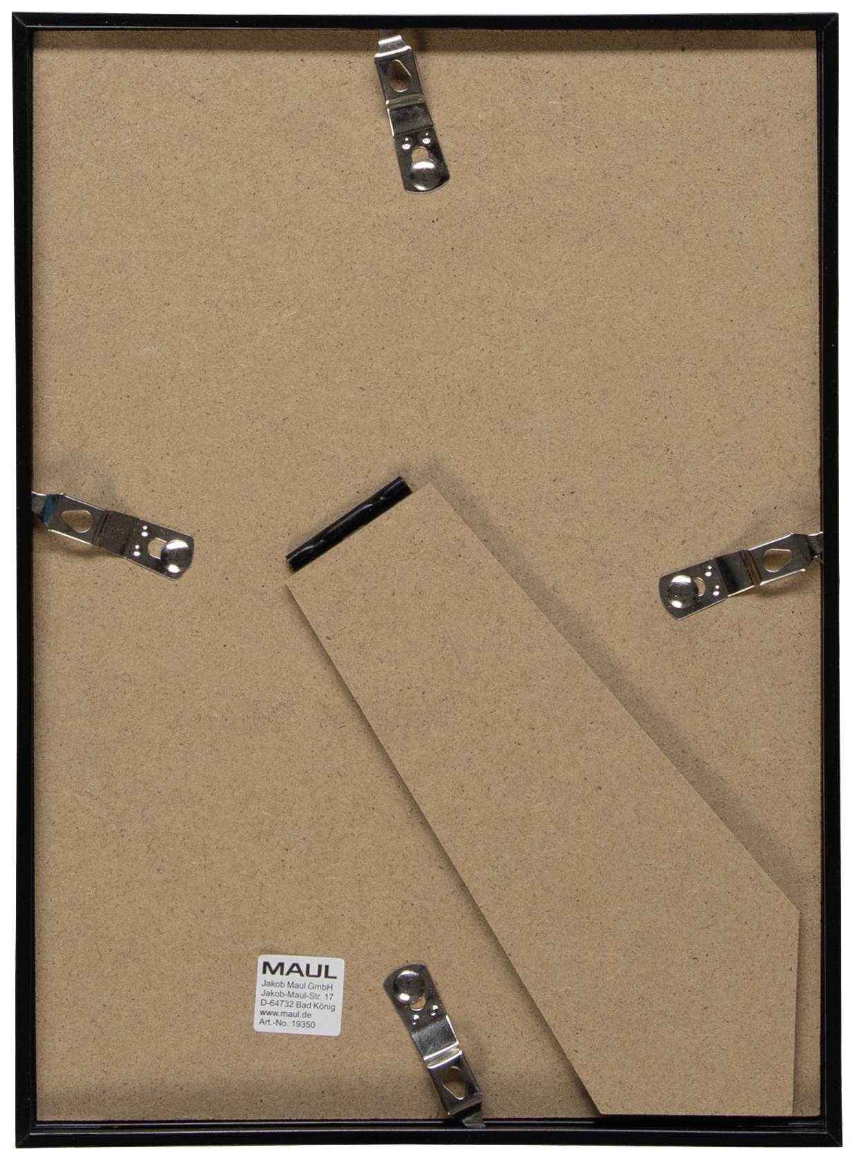 A picture frame stands upright on a wooden backing with metal clips for fixation. A stand support is visible.