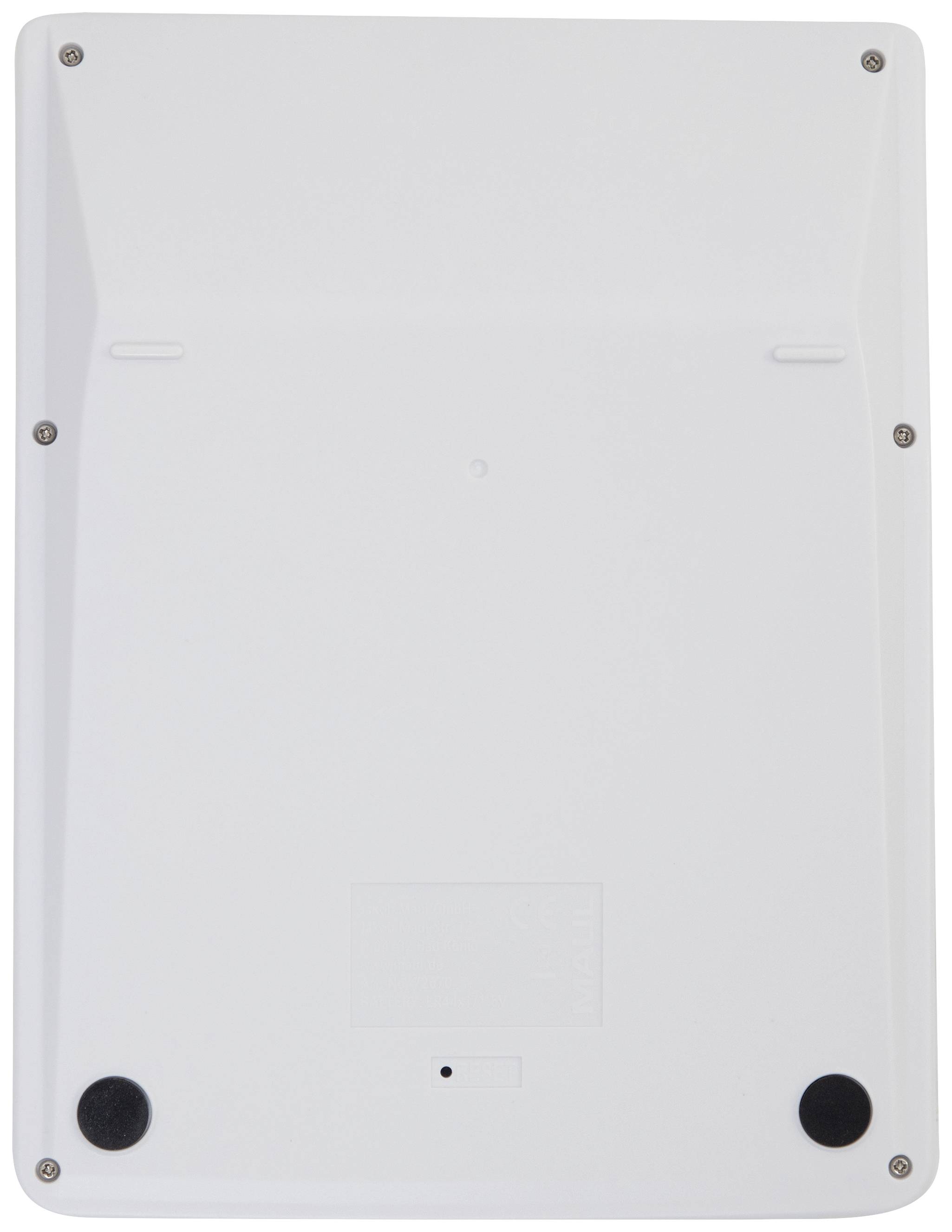 Back of a rectangular white electronic device with screws at the corners and two black rubber feet at the bottom.