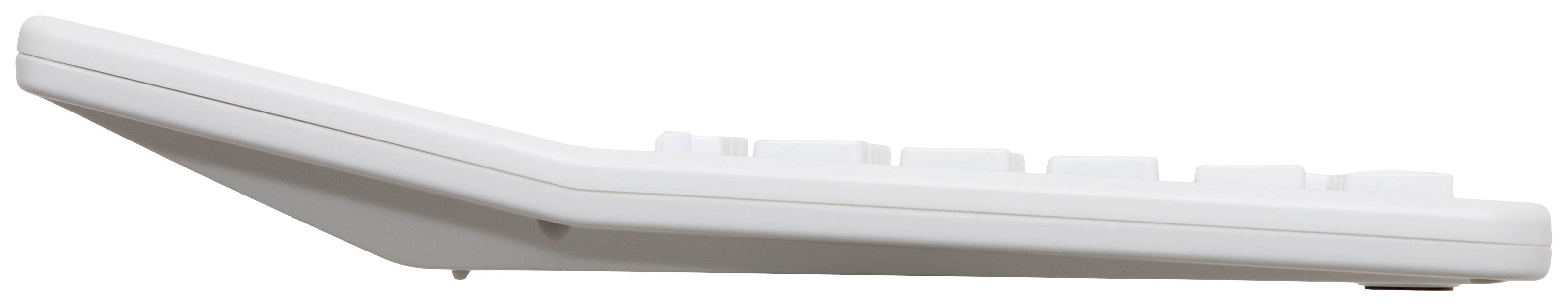 Side view of a white remote control with an angled, sloping design and visible buttons.