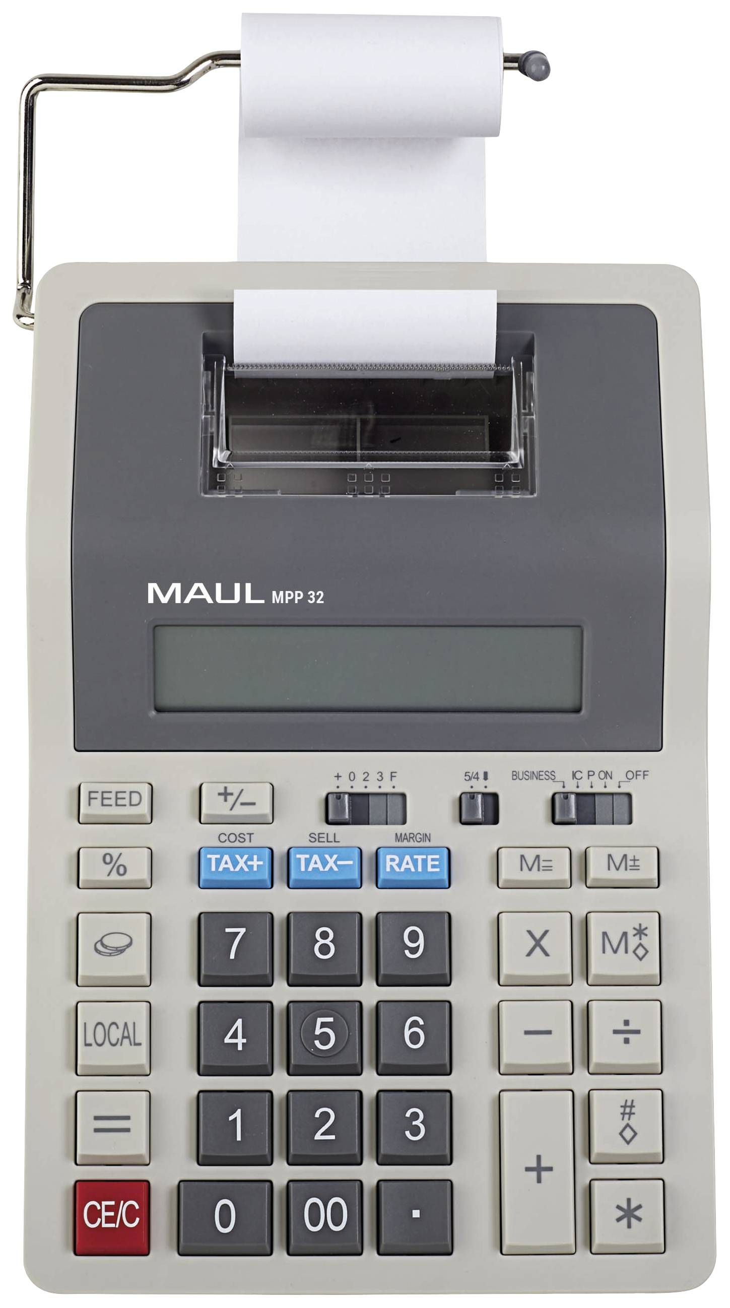 A printing calculator with paper roll, keys for tax calculation and basic mathematical functions, silver casing.