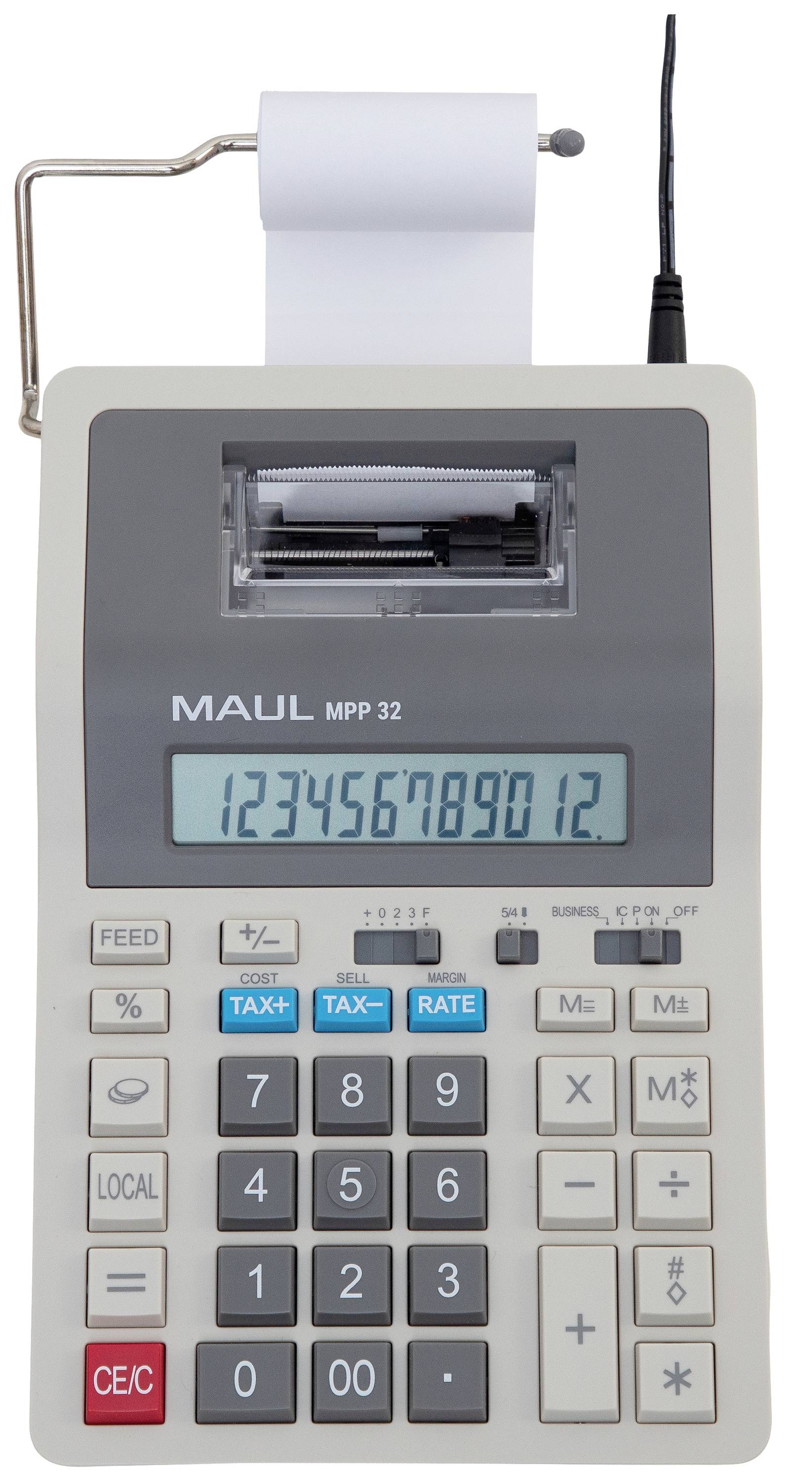 Calculating machine with printing function, keys for tax rate calculation, display showing numbers '123456789012'.