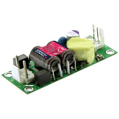 A green printed circuit board with various electronic components such as capacitors, resistors, and connectors, designed for power supply.