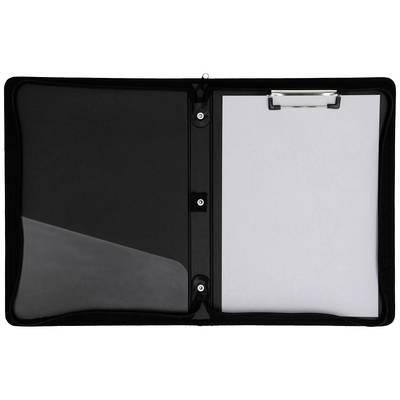 An open black folder with a transparent pocket on the left and a clipboard with a blank sheet of paper on the right.