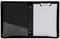 An open black folder with a transparent pocket on the left and a clipboard with a blank sheet of paper on the right.