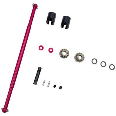 Red cardan shaft with accessory parts such as couplings, gears and screws, arranged on a white background.