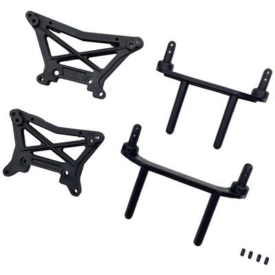 Black plastic components for an RC vehicle, including two shock absorber mounts and two body posts with mounting pins.