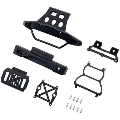 Several black plastic components and screws, likely for model making, arranged on a white background.
