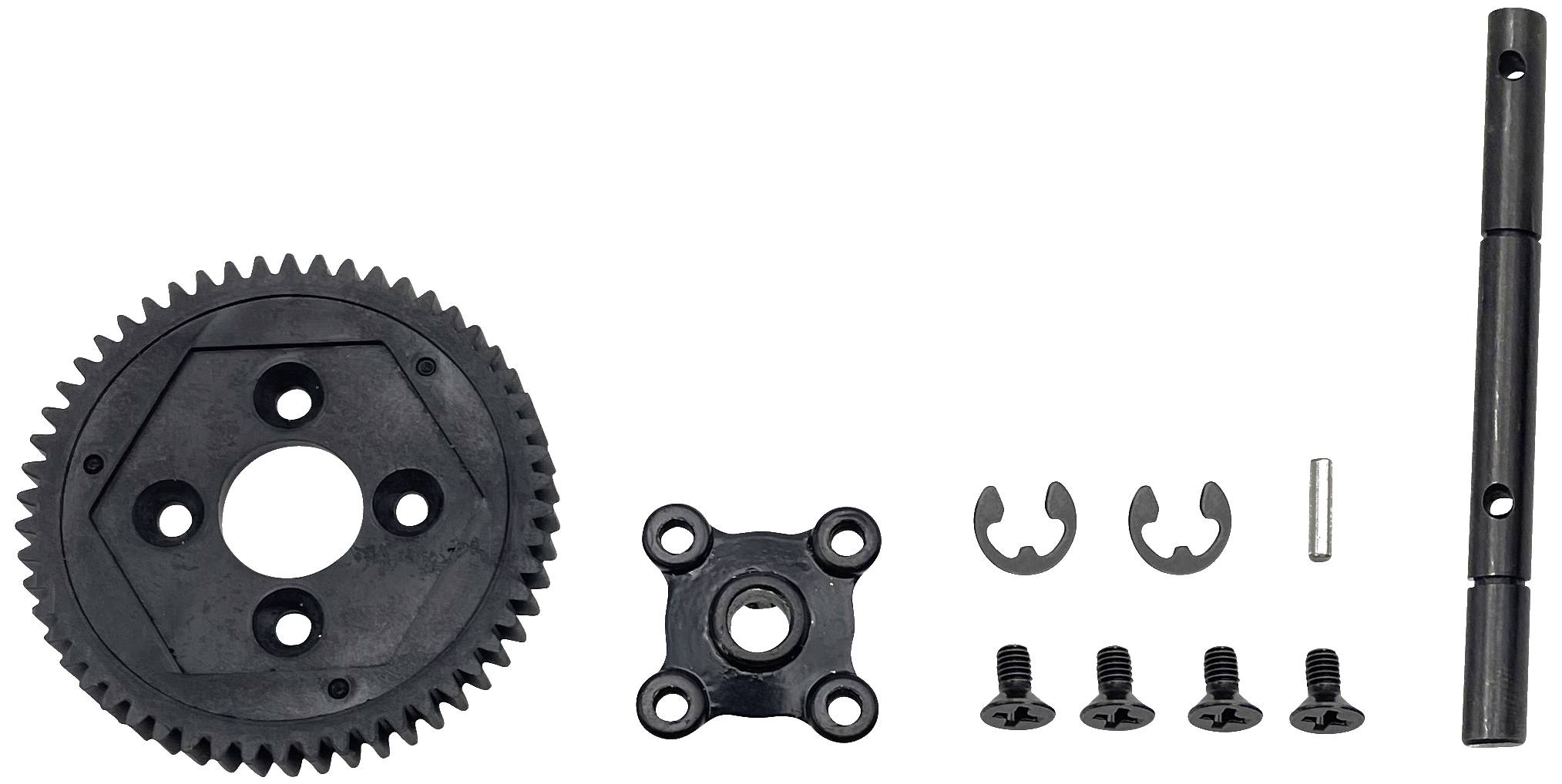 Gear set consisting of a large gear, a mounting bracket, an axle, bolts and retaining rings, set against a white background.