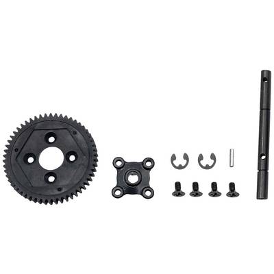 Gear set consisting of a large gear, a mounting bracket, an axle, bolts and retaining rings, set against a white background.