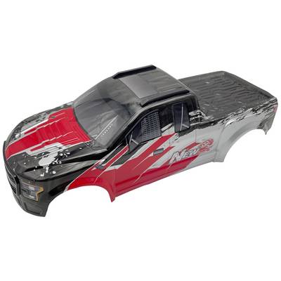Body of a remote-controlled model car with a red, black, and white design. The word 'New' is visible on the side.