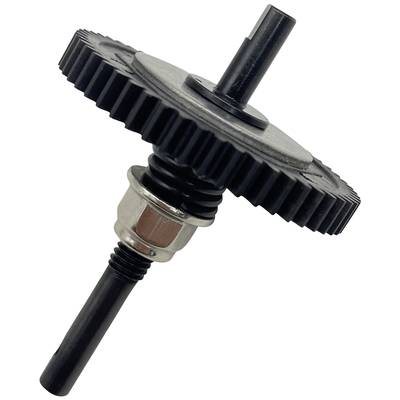 A black plastic gear wheel with metal mechanics on a white background, likely part of a larger mechanical component.