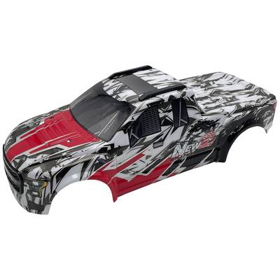 Remote-controlled car in camouflage pattern with red accents and 'NEW' written on the side, without visible wheels or ground.