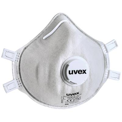 White respiratory protective mask with exhalation valve and elastic straps. The 'uvex' brand is printed on it. Typical protective mask for construction sites or healthcare.