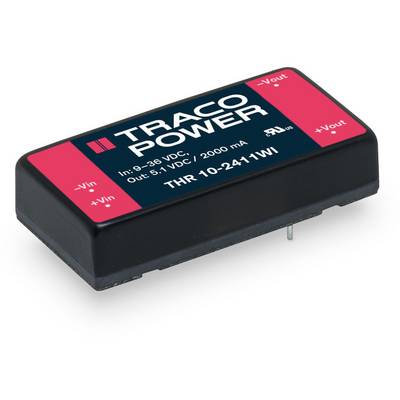 Rectangular component with the inscription "TRACO POWER", showing input and output voltages of 9-36 VDC and 5.1 VDC, 2000 mA.