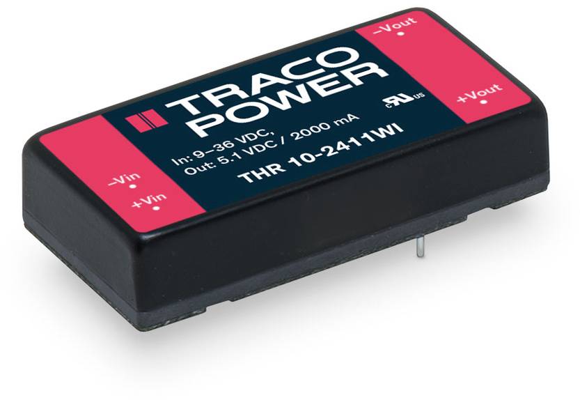 Power converter with the label 'TRACO POWER, THR 10-2411WI', input range 9–36 VDC, output 5 VDC/2000 mA.
