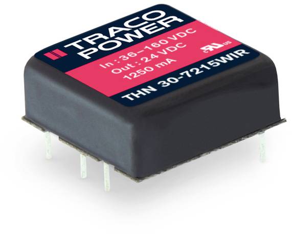 Electronic component, a DC-DC converter by Traco Power, model THN 30-7215WIR, input range 36-160 VDC, output 24 VDC, 1250 mA.