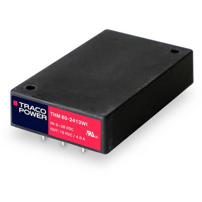 A black Traco Power voltage converter with model number 'THM 60-2413WI'. Input range: 9-36 VDC, output: 15 VDC/4.0 A.