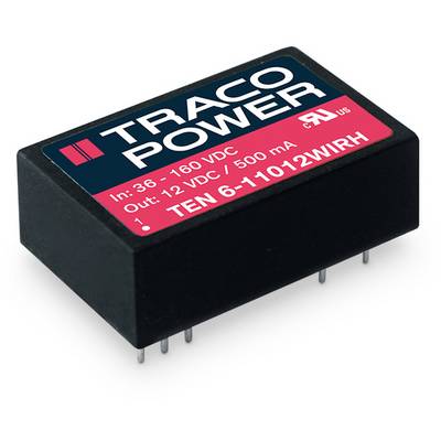 'TRACO POWER' voltage converter with input range 36-160 VDC, output 12 VDC/500 mA, model number TEN 6-11012WIRH, with eight pins.