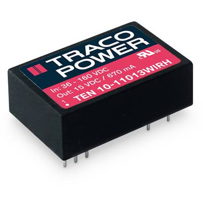 Black Traco Power voltage converter box with labelling: 'In: 36 - 160 VDC, Out: 15 VDC / 670 mA, TEN 10-11013WIRH'. Six metal pins.