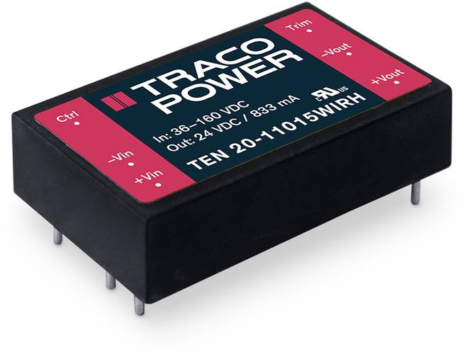 'TRACO POWER' Voltage Converter Module, In: 36-160 VDC, Out: 24 VDC. Model: TEN 20-11015WIRH, with Connections and Labelling.