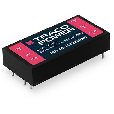 Voltage converter by Traco Power, model 'TEN 40-11023WIRH', with input range 18-160 VDC, output ±15 VDC, ±1333 mA.