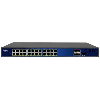 A network switch with 24 Ethernet ports and two additional SFP ports, suitable for managing network connections.