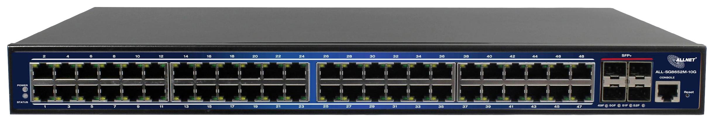 A network switch with 48 Ethernet ports and two additional connections for fibre optic links. Ideal for large networks.