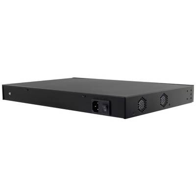 A flat, black electronic device, possibly a server or router, with ventilation slots and a power connection at the rear.