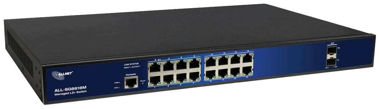 An 18-port network switch with LAN ports and fibre optic connection. Model number 'ALL-SG8318M' is visible on the front.