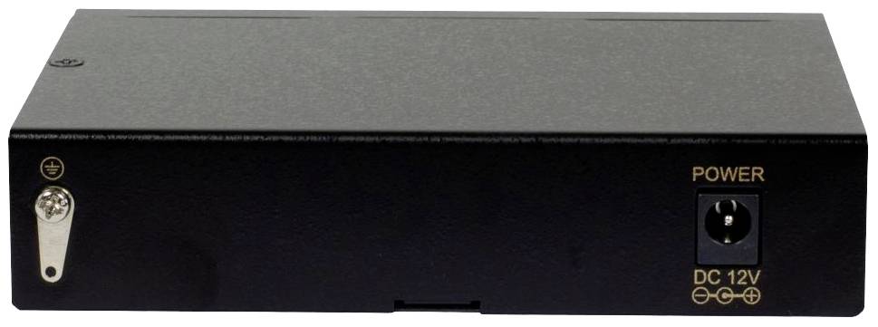 Black network switch with illuminated power connection 'DC 12V', suitable for office or home networks.