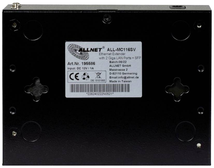 Black network device by ALLNET, model ALL-MC116SV, with label displaying manufacturer specifications and contact information.