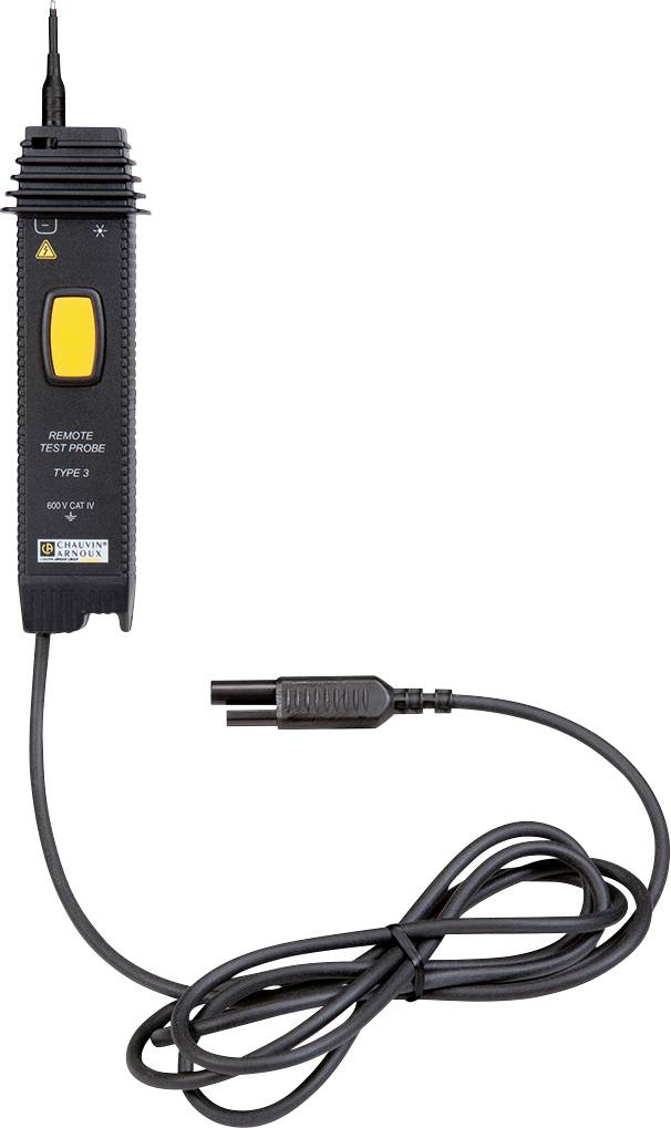 'Voltage tester with test probe and cable. Device type: TYPE 3. Black casing with yellow button.'