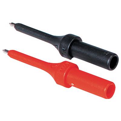 'A black and a red crocodile clip placed side by side, commonly used for electrical testing purposes.'