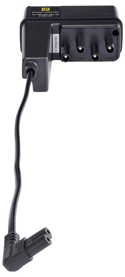 Electronic charger with four slots and long cable. Black casing, suitable for various connections.