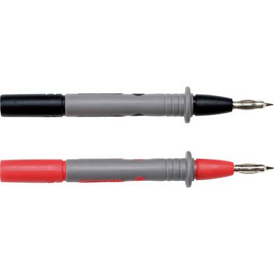 Two electrical test probes: black on top, red on the bottom. Tip and handle visible. Used for measuring instruments such as multimeters.