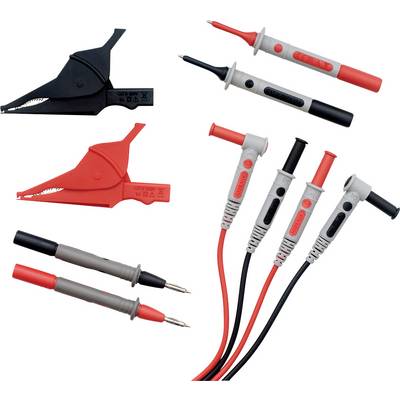 Measuring leads with black and red crocodile clips and test probes, suitable for electrical measurements and tests.