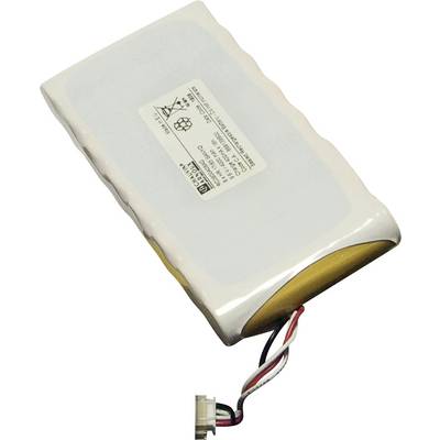 White battery cell with label and multi-coloured cables. Model information visible on the label.