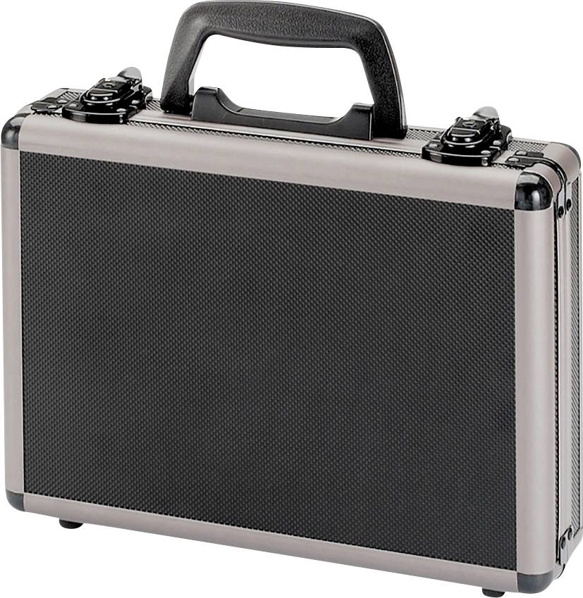 A black briefcase with silver edges and a handle.