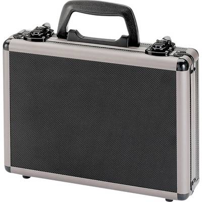 A black briefcase with silver edges and a handle.