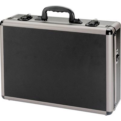 Black aluminium briefcase with carry handle and metal locks, suitable for transportation or secure storage of items.