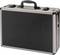 Black aluminium briefcase with carry handle and metal locks, suitable for transportation or secure storage of items.