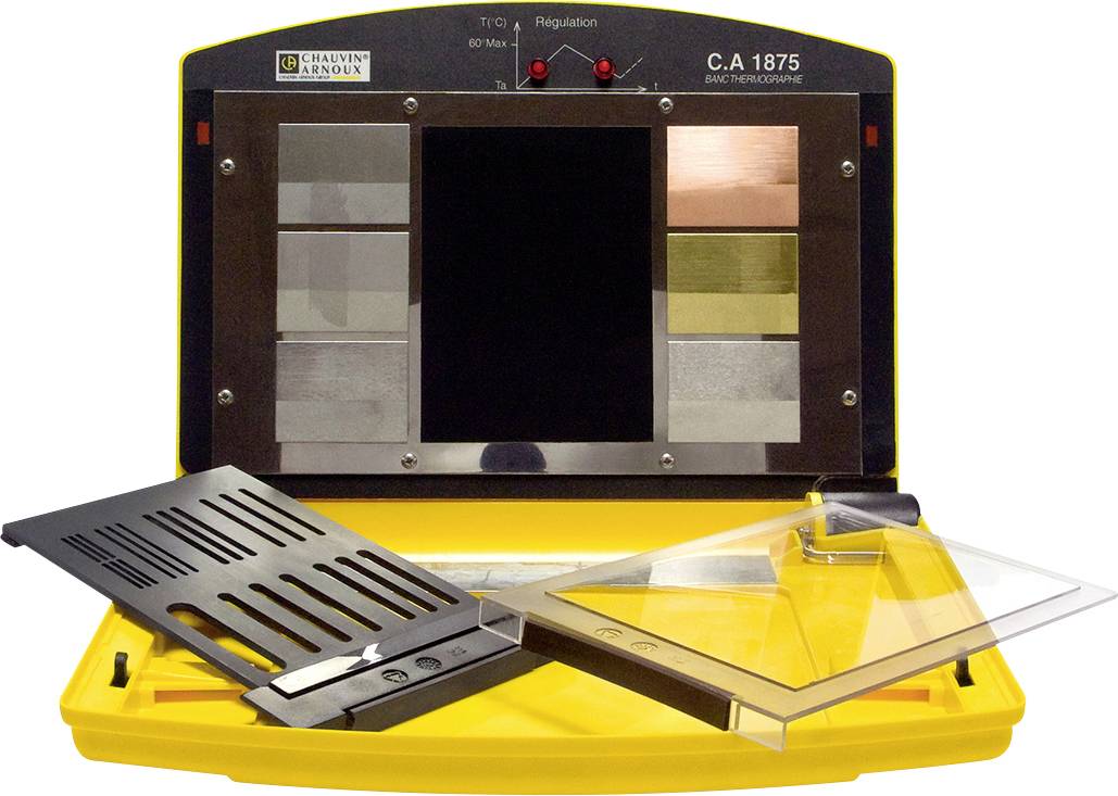 A thermal imaging device model with metal plates and a screen for displaying temperature curves, mounted on a yellow plastic housing.