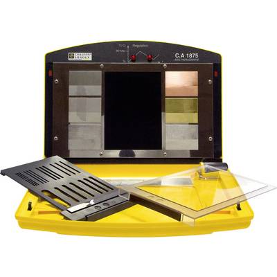 A thermal imaging device model with metal plates and a screen for displaying temperature curves, mounted on a yellow plastic housing.