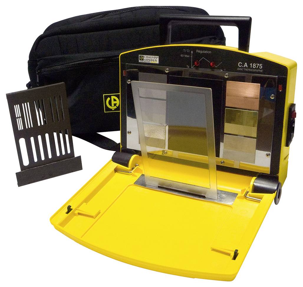 Portable measuring device in yellow with a plastic case and metal plates for analysing the conductivity of materials.