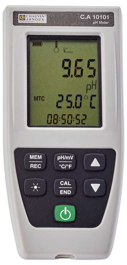 Digital pH metre showing '9.65 pH', temperature '25.0 °C' and time '08:50:52'. Marked with 'C.A 10101' by Chauvin Arnoux.