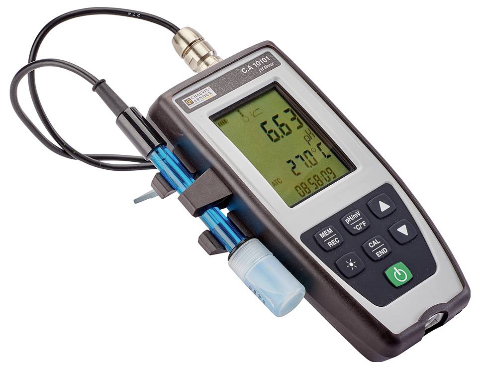 Portable digital measuring device with screen showing pH value 6.63, temperature 27.0°C and time 08:58:09. Sensor and cable connected.
