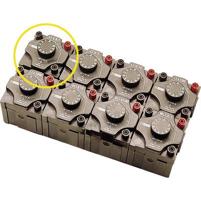 Several square electronic devices with rotary controls, arranged in three rows. The top left control is circled in yellow.