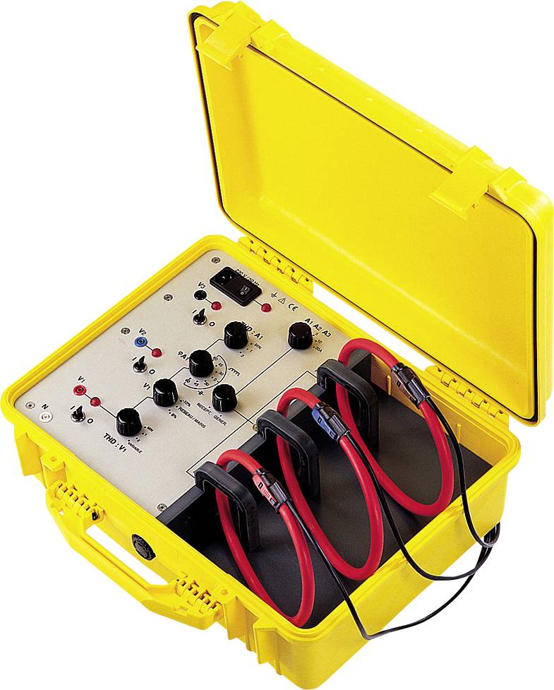 A yellow, open carry case contains an electronic testing device with switches and terminals, with red cables visible.